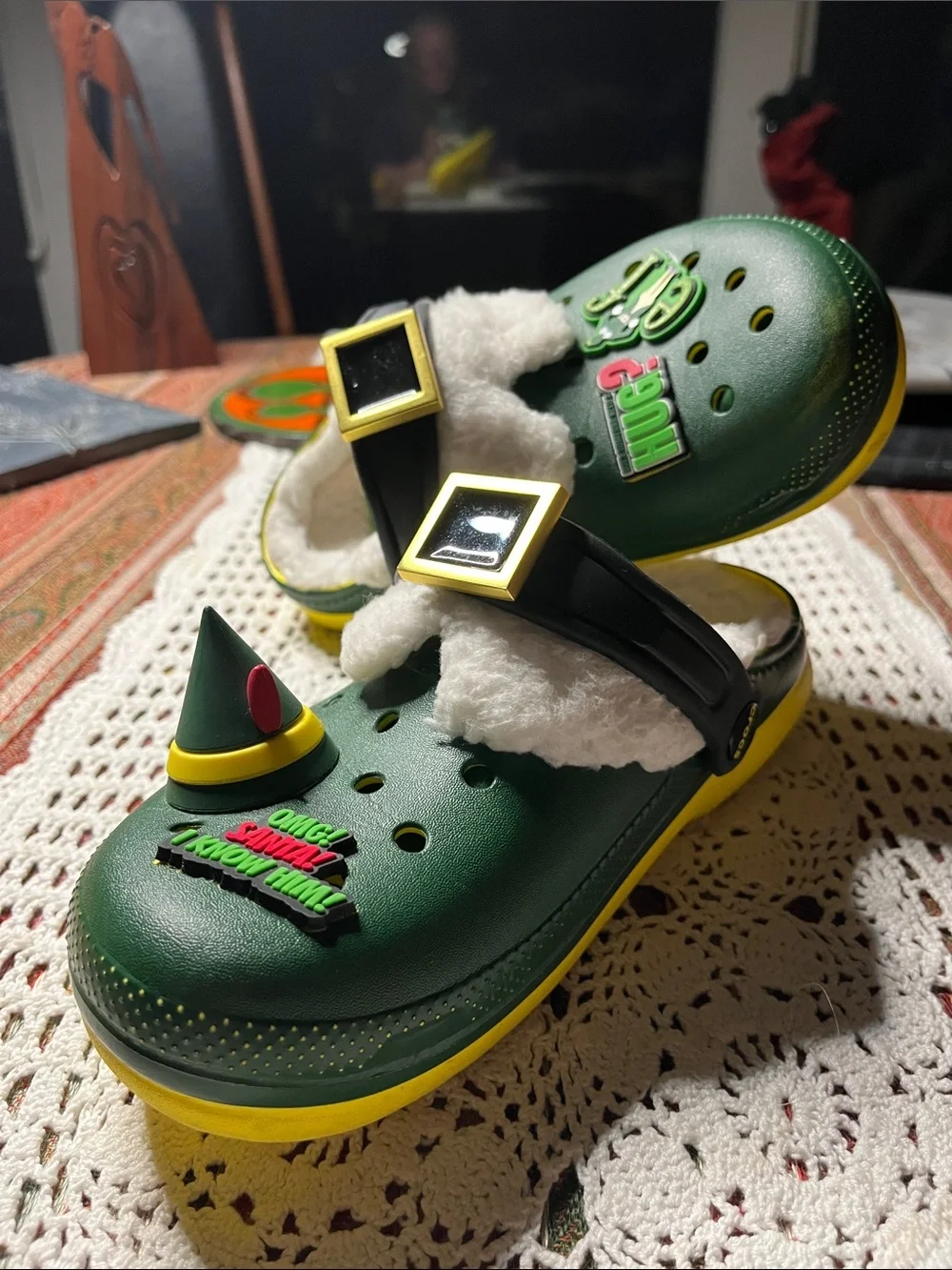 ELF CROCS Big kid 3 ELF Green and Yellow Fleece-Lined Clog Sandals